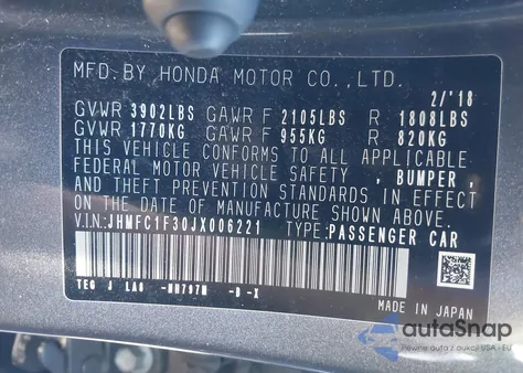 2018 Honda Civic Ex-T z USA, uszkodzony, nr VIN JHMFC1F30JX006221